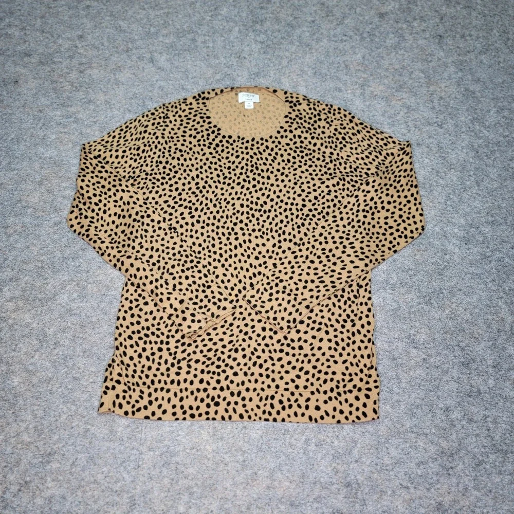 J.Crew‎ Teddie Sweater Small Tan Black Animal Print Long Sleeve Cotton Top